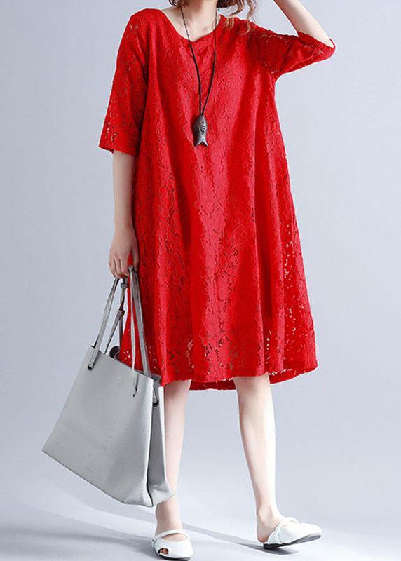 Loose Red O-Neck Hollow Out Lace Summer Party Dress Half Sleeve