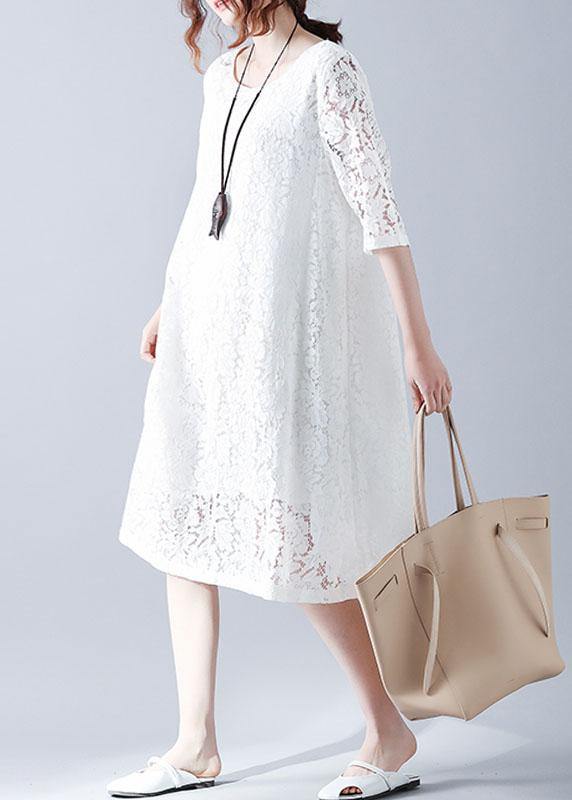 Loose Red O-Neck Hollow Out Lace Summer Party Dress Half Sleeve - Image 2