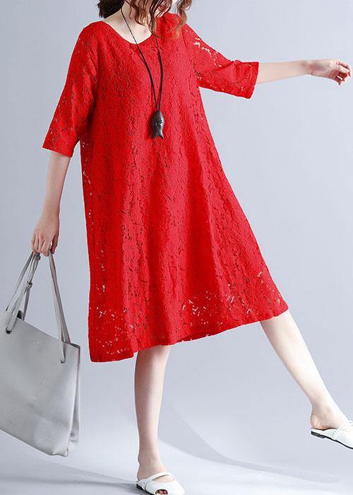 Loose Red O-Neck Hollow Out Lace Summer Party Dress Half Sleeve - Image 3