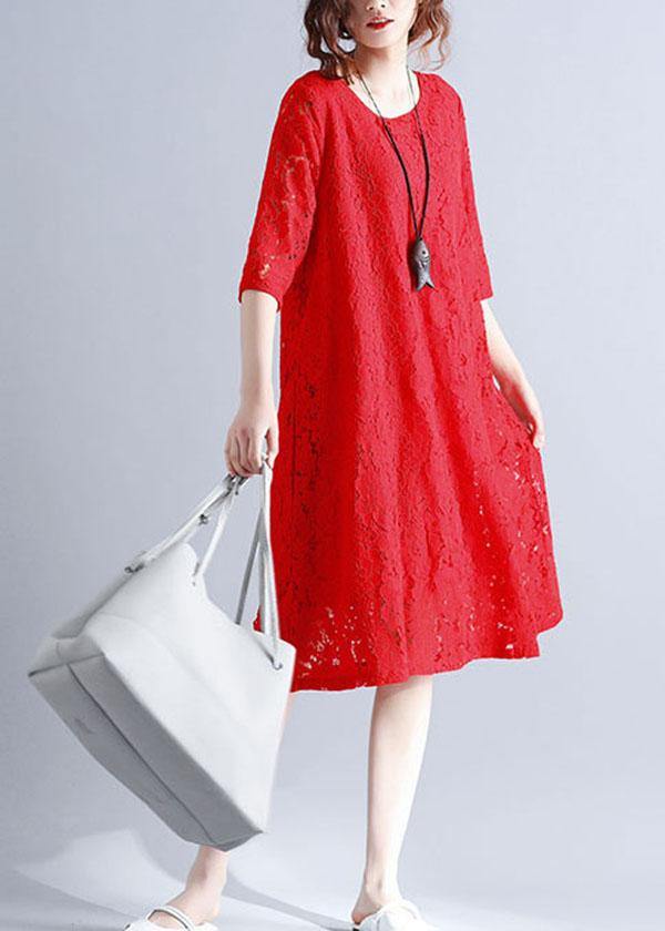 Loose Red O-Neck Hollow Out Lace Summer Party Dress Half Sleeve - Image 4