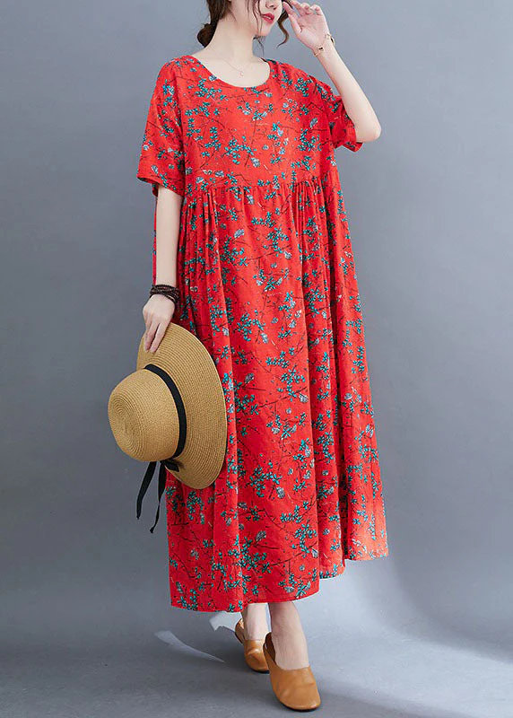 Loose Red O-Neck Print Exra Large Hem Wrinkled Cotton Holiday Dress Short Sleeve - Image 2