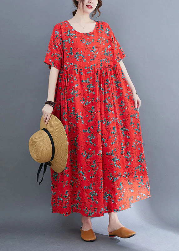 Loose Red O-Neck Print Exra Large Hem Wrinkled Cotton Holiday Dress Short Sleeve - Image 3