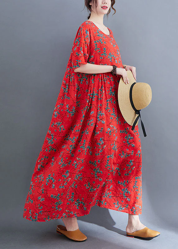 Loose Red O-Neck Print Exra Large Hem Wrinkled Cotton Holiday Dress Short Sleeve - Image 4