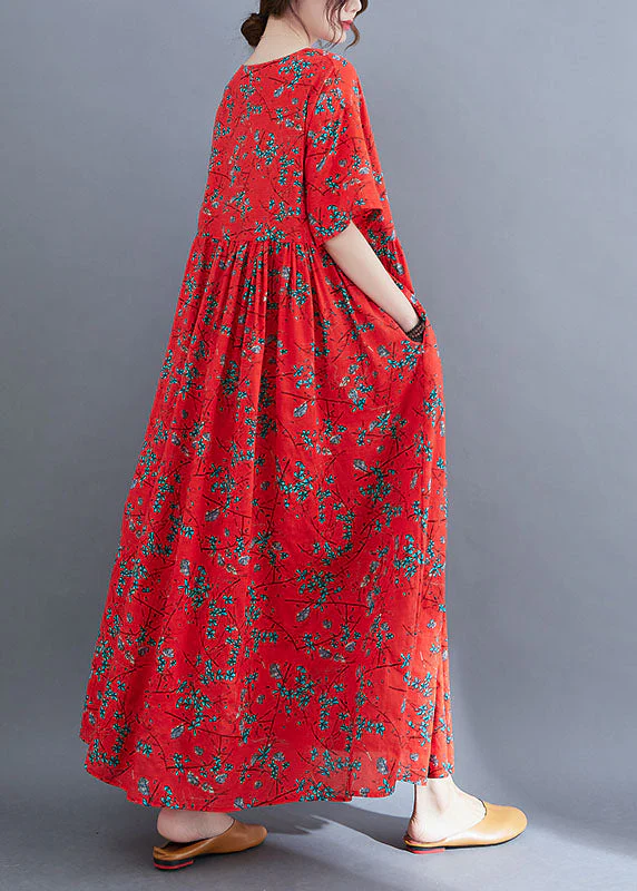 Loose Red O-Neck Print Exra Large Hem Wrinkled Cotton Holiday Dress Short Sleeve - Image 5