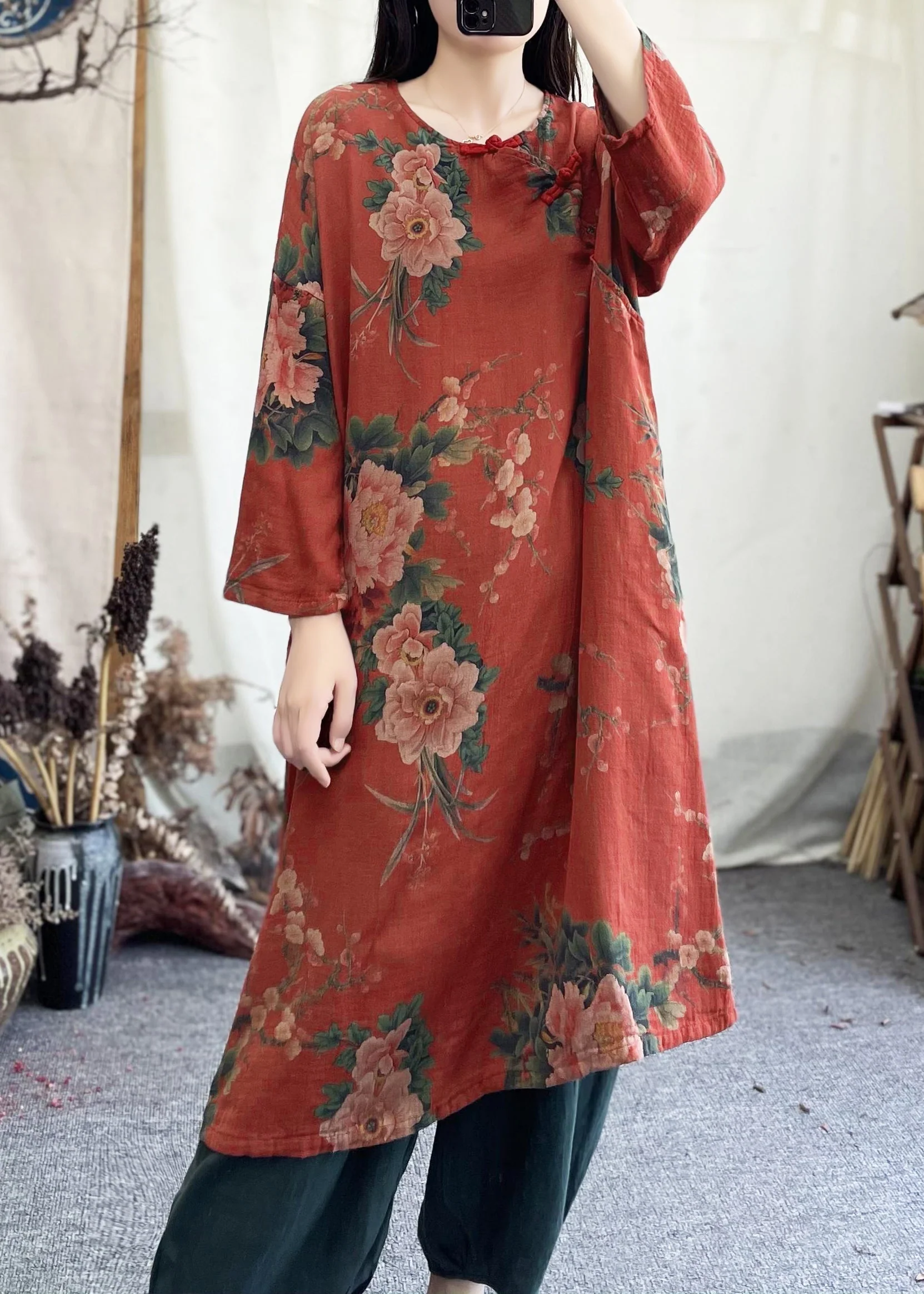 Loose Red O Neck Print Pockets Cotton Dresses Spring - Image 2