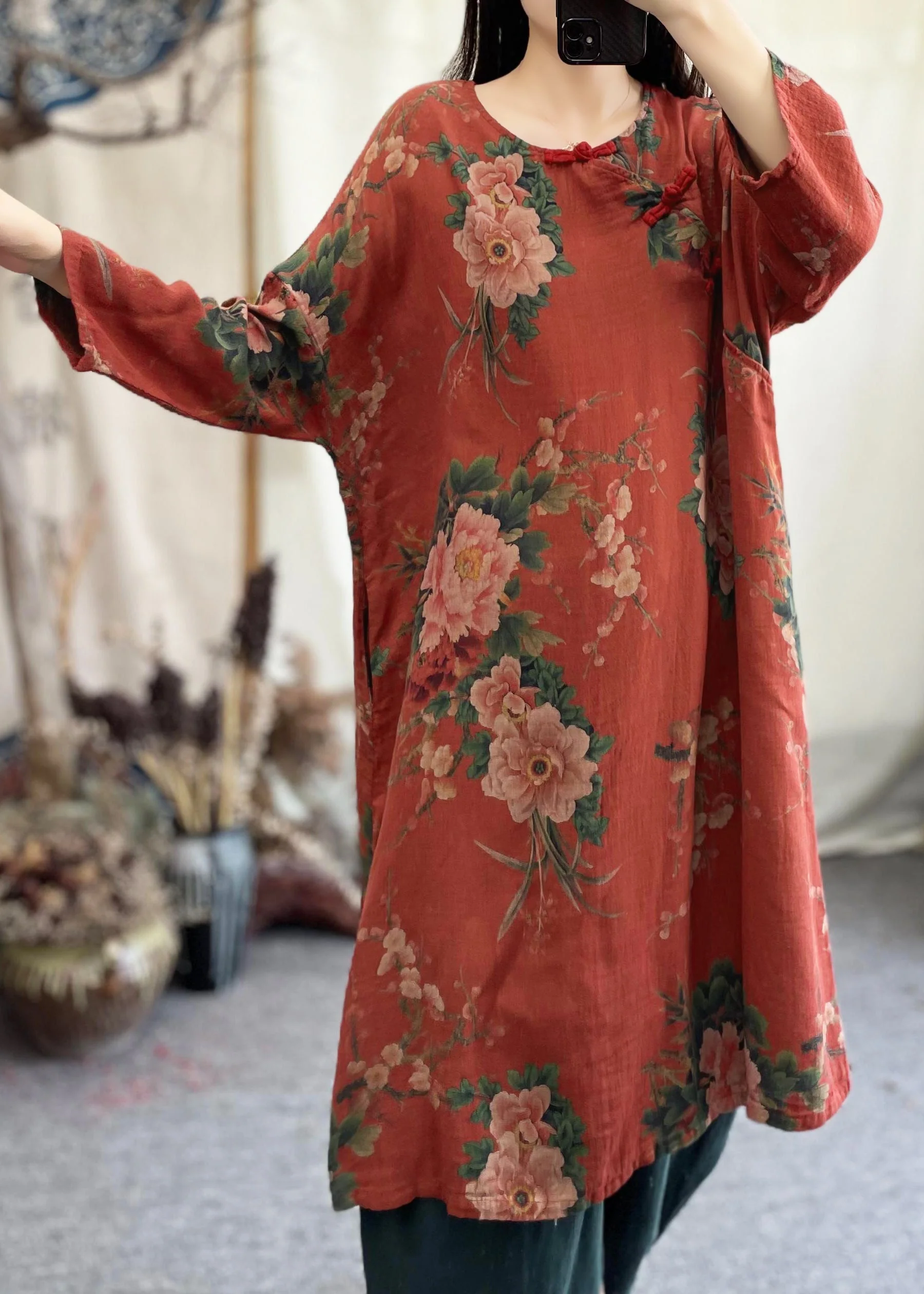 Loose Red O Neck Print Pockets Cotton Dresses Spring - Image 4