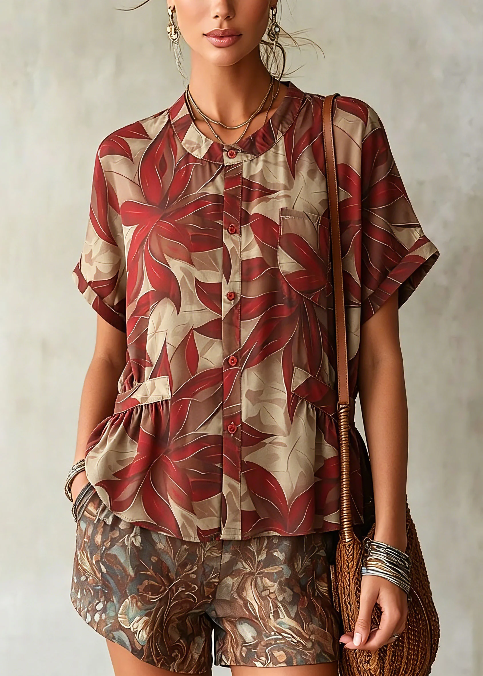 Loose Red O-Neck Print Shirt Chiffon Short Sleeve - Image 3