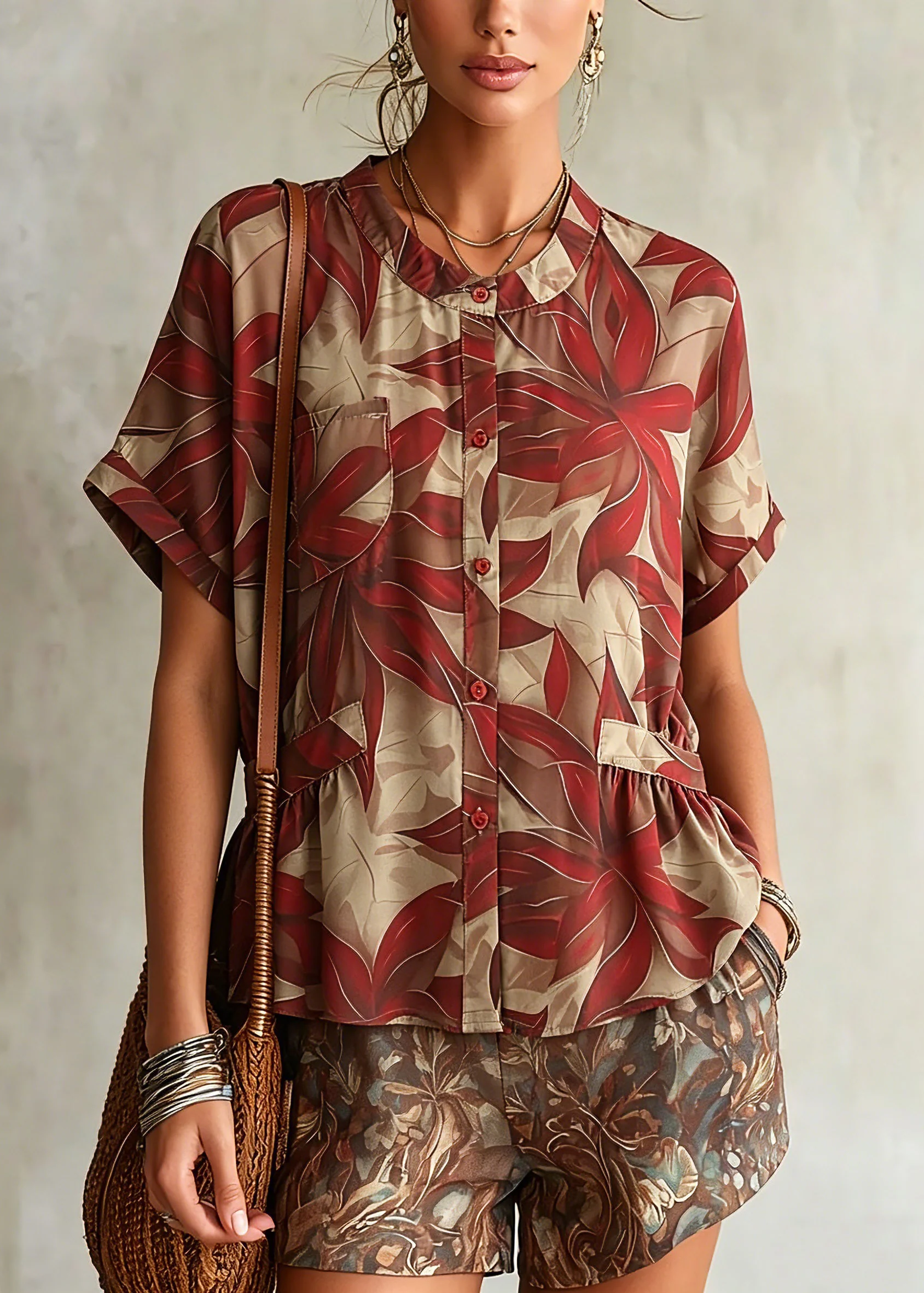 Loose Red O-Neck Print Shirt Chiffon Short Sleeve - Image 5