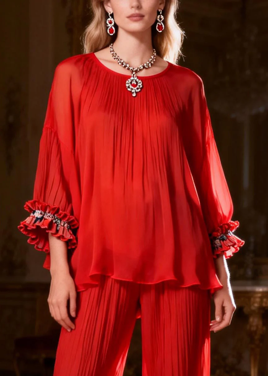 Loose Red O Neck Ruffled Tops And Crop Pants Two Piece Set Bracelet Sleeve - Image 2