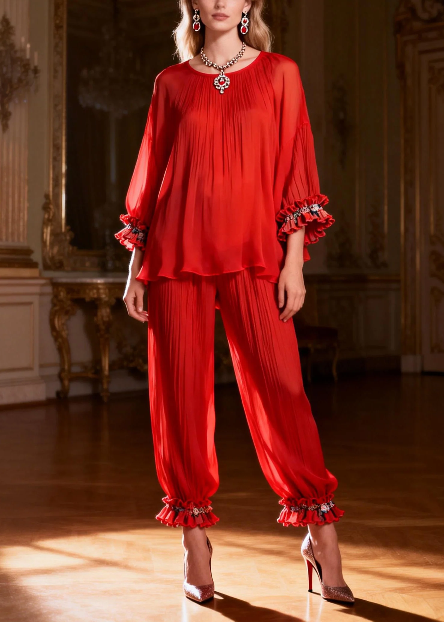 Loose Red O Neck Ruffled Tops And Crop Pants Two Piece Set Bracelet Sleeve - Image 3