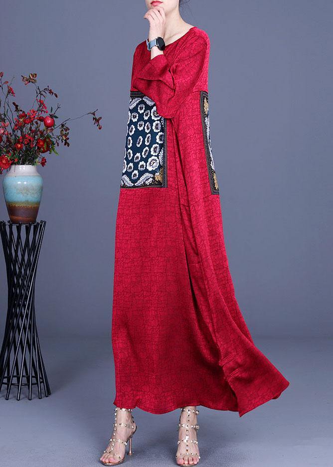 Loose Red Patchwork Print Dress Loose Silk Summer Maxi Dress - Image 3