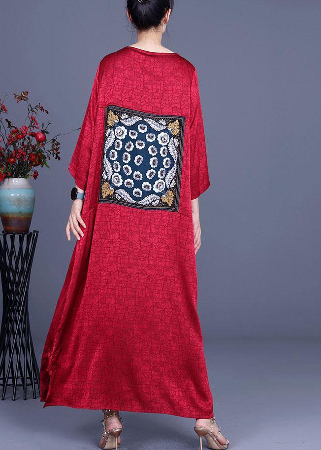 Loose Red Patchwork Print Dress Loose Silk Summer Maxi Dress - Image 4