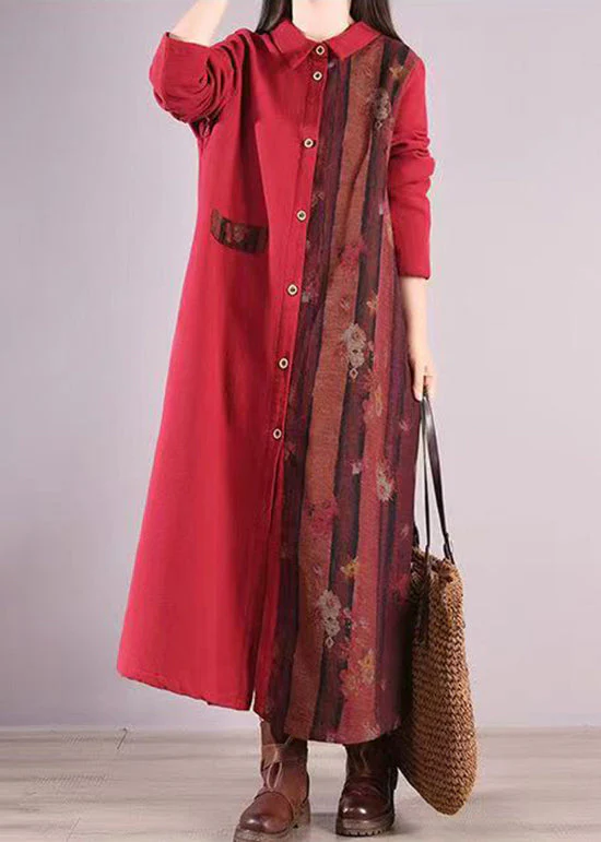 Loose Red Peter Pan Collar Patchwork Warm Fleece Shirts Dresses Fall - Image 2
