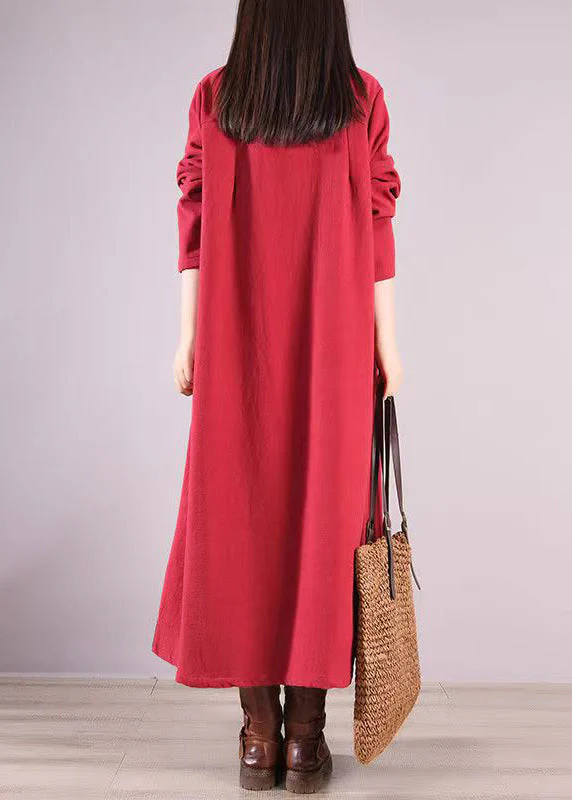 Loose Red Peter Pan Collar Patchwork Warm Fleece Shirts Dresses Fall - Image 3