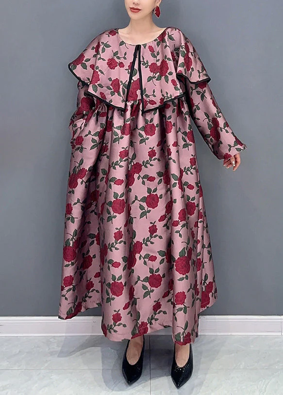 Loose Red Peter Pan Collar Print Patchwork Cotton Long Dresses Fall - Image 2