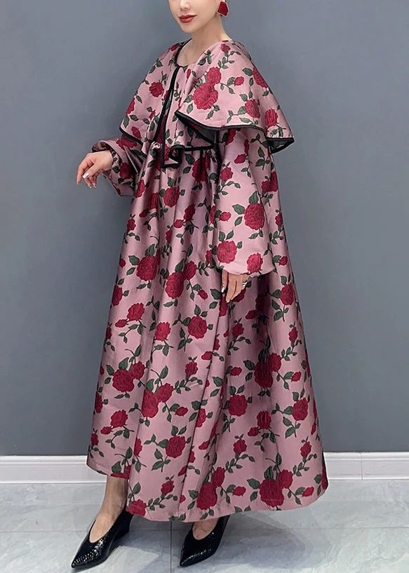 Loose Red Peter Pan Collar Print Patchwork Cotton Long Dresses Fall - Image 3