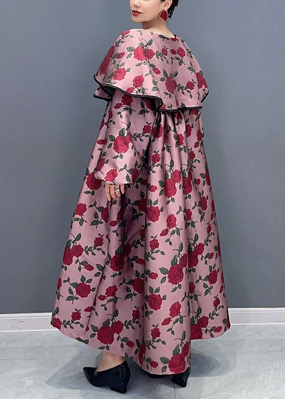 Loose Red Peter Pan Collar Print Patchwork Cotton Long Dresses Fall - Image 4