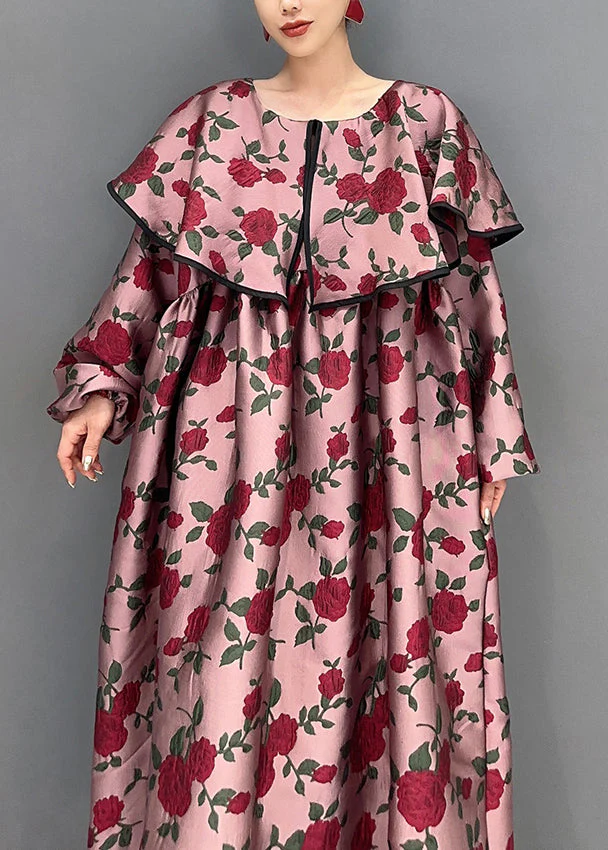 Loose Red Peter Pan Collar Print Patchwork Cotton Long Dresses Fall - Image 5