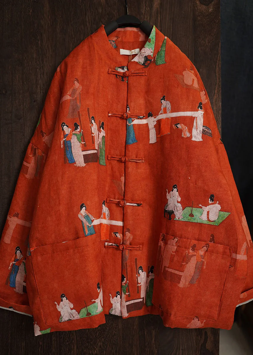Loose Red Print Chinese Button Pockets Fine Cotton Coats Spring