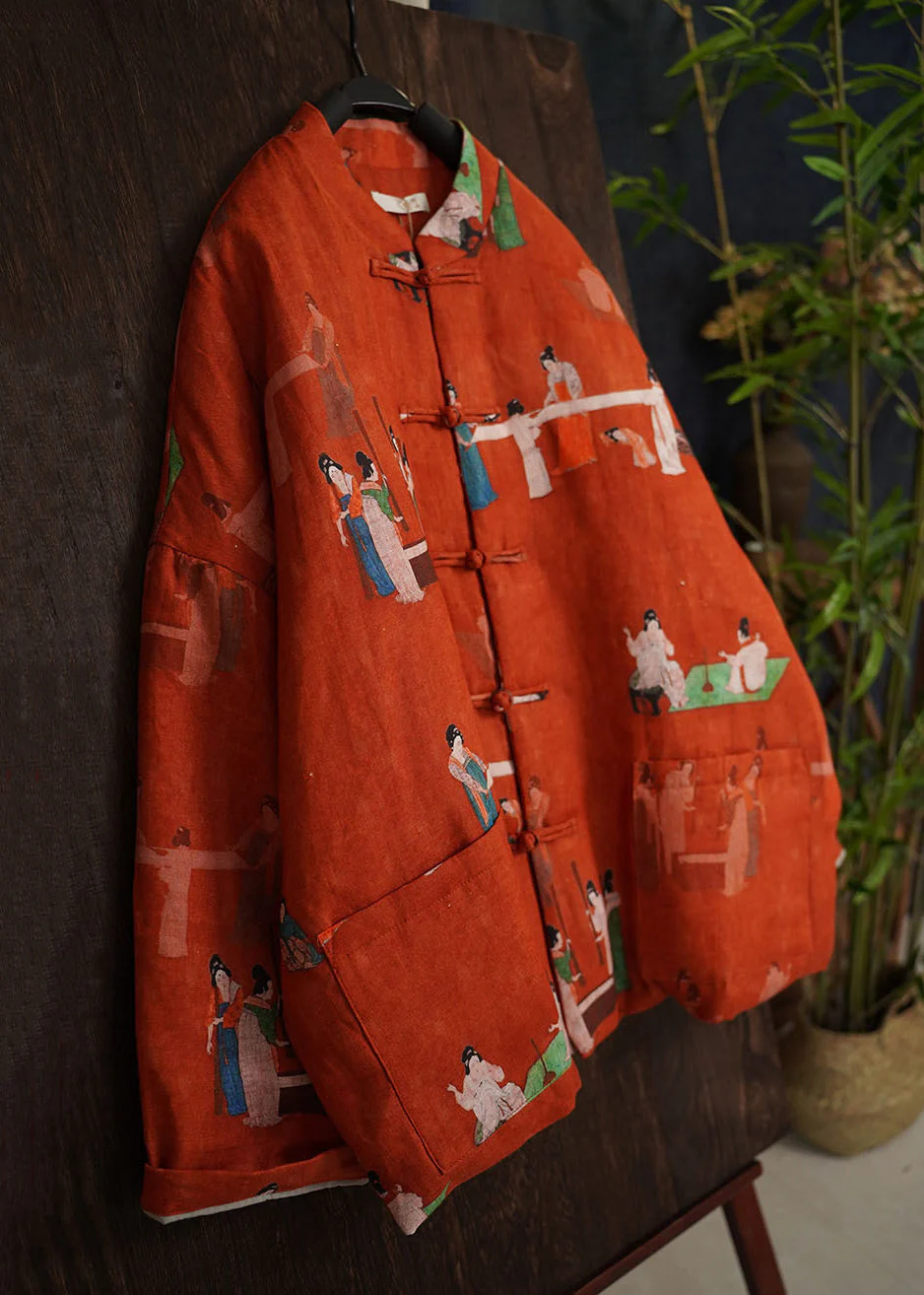 Loose Red Print Chinese Button Pockets Fine Cotton Coats Spring - Image 4