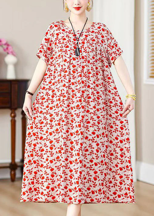 Loose Red Print Pockets Cotton Long Dresses Summer - Image 3
