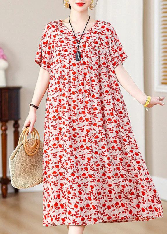 Loose Red Print Pockets Cotton Long Dresses Summer - Image 4