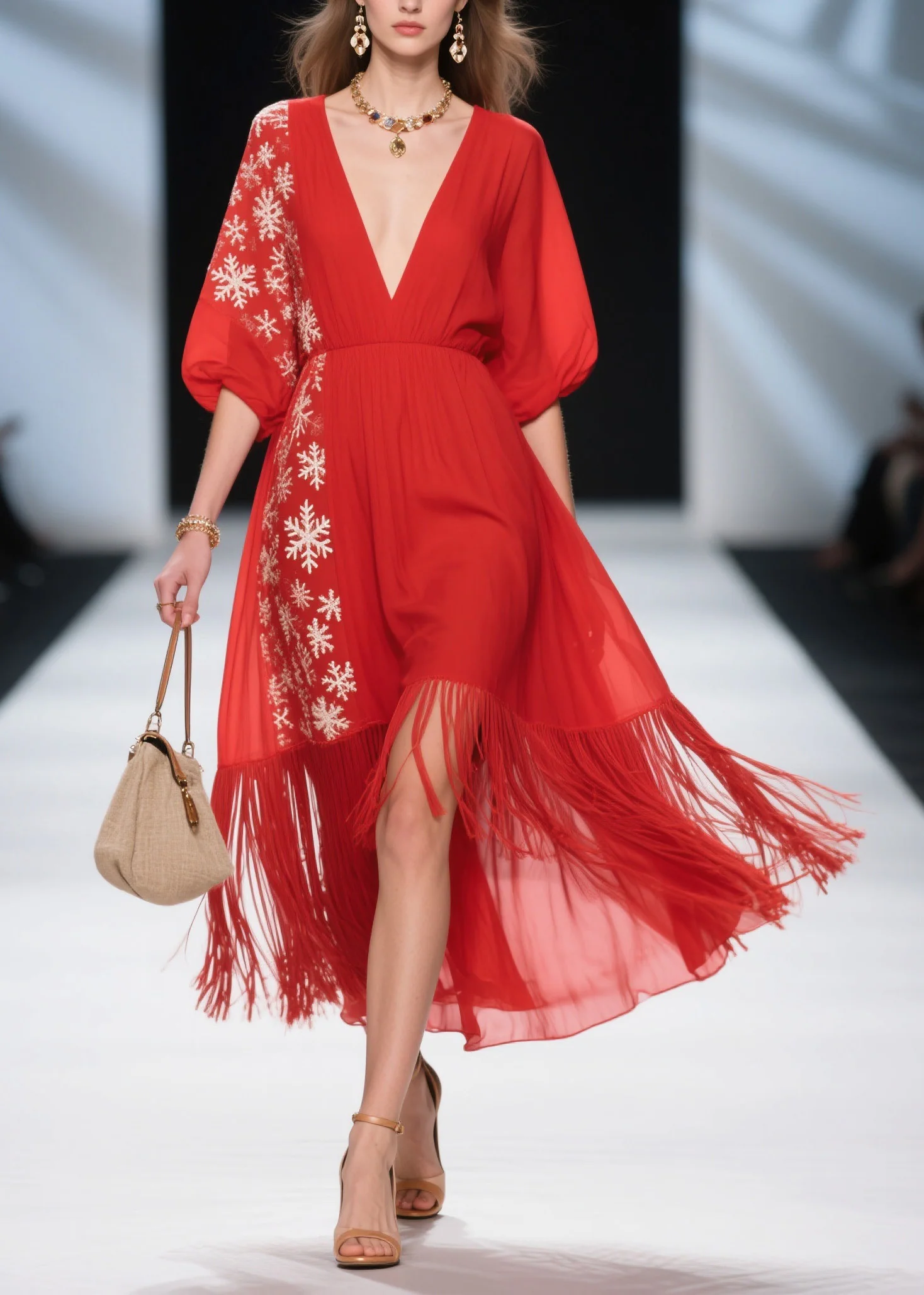 Loose Red Print Tassel Patchwork Cotton Dress Summer - Image 3