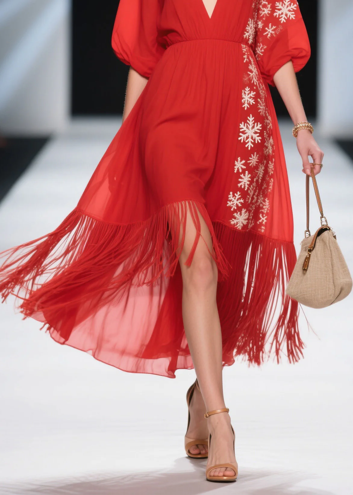 Loose Red Print Tassel Patchwork Cotton Dress Summer - Image 4