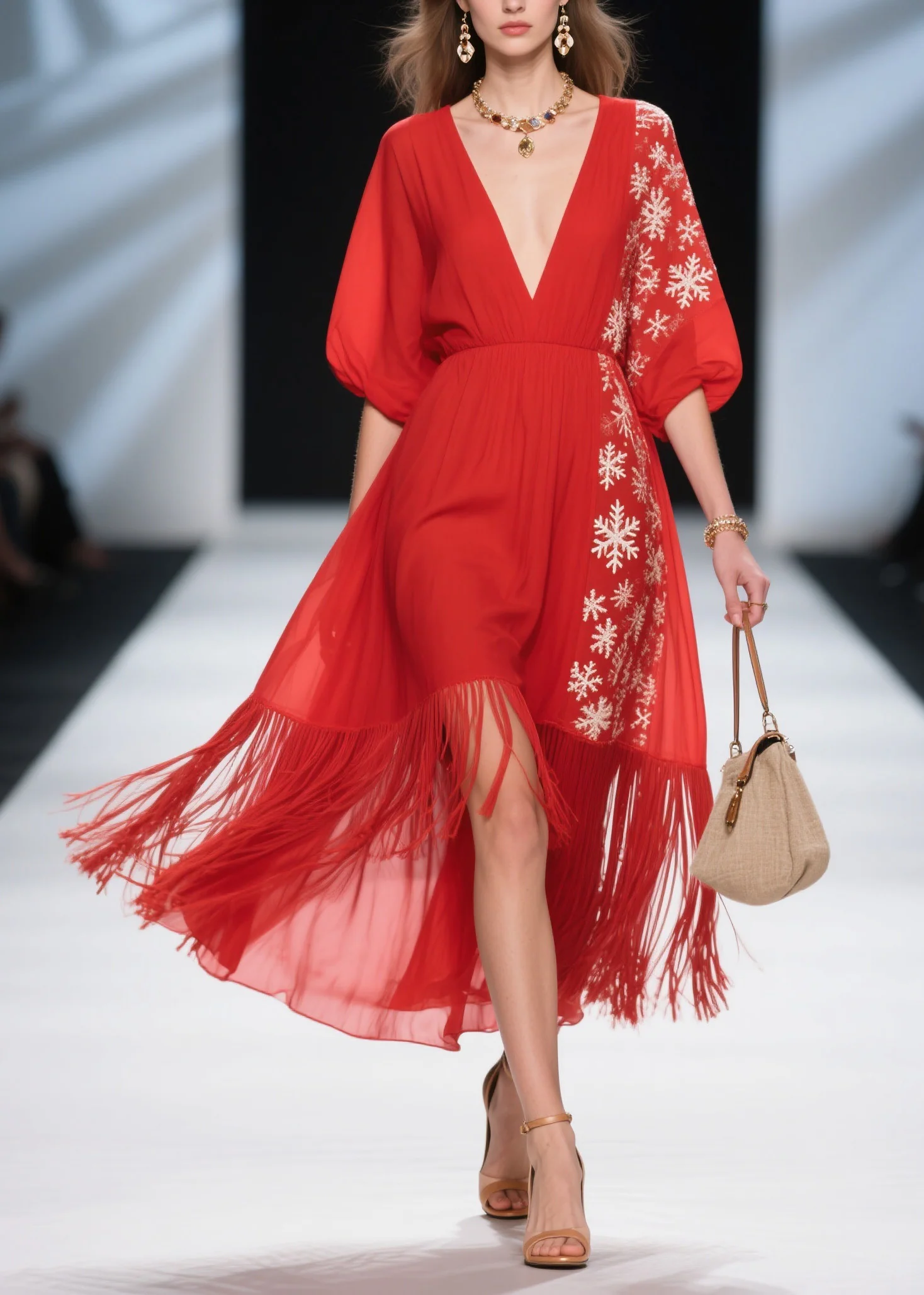 Loose Red Print Tassel Patchwork Cotton Dress Summer - Image 5