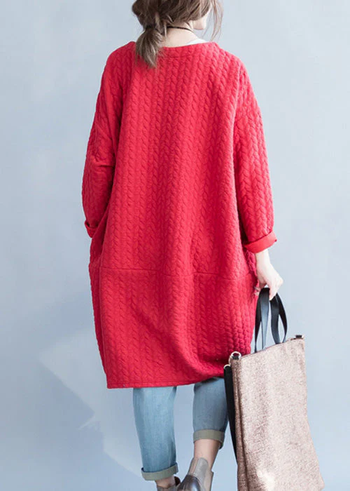Loose Red Solid Pockets Cotton Holiday Dress Spring - Image 3