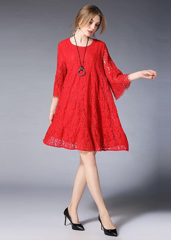 Loose Red Solid Wrinkled Spring Half Sleeve Dresses - Image 2