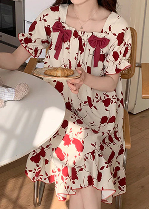 Loose Red Square Collar Bow Print Cotton Pajamas Dress Summer - Image 2