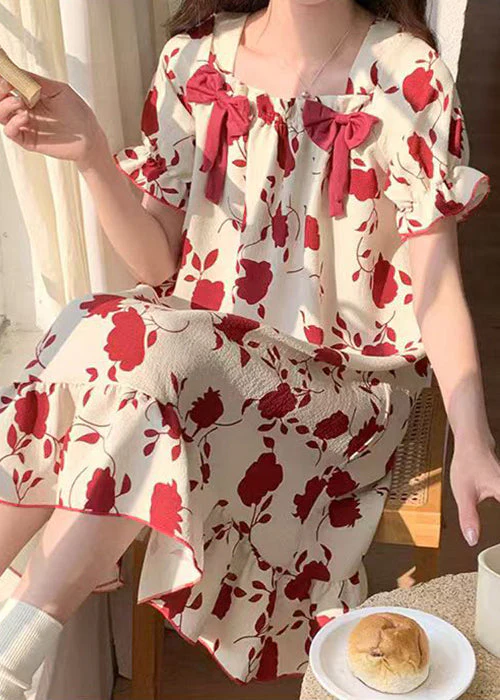 Loose Red Square Collar Bow Print Cotton Pajamas Dress Summer - Image 3