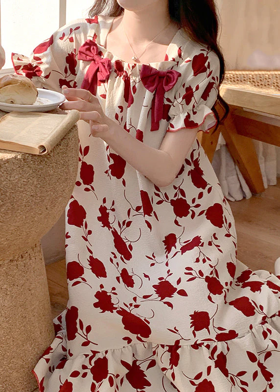 Loose Red Square Collar Bow Print Cotton Pajamas Dress Summer - Image 4