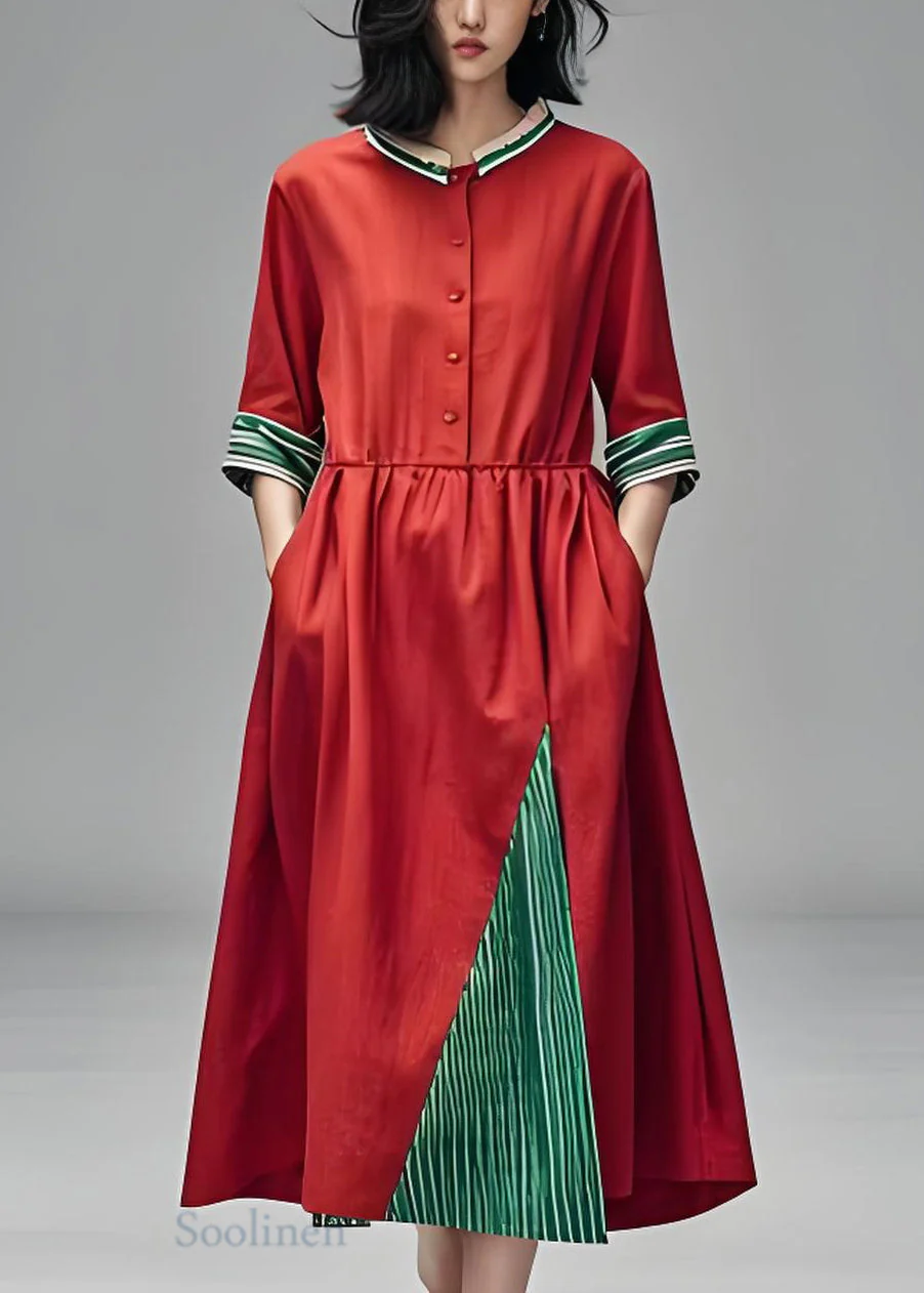 Loose Red Stand Collar Pockets Patchwork Cotton Dress Summer