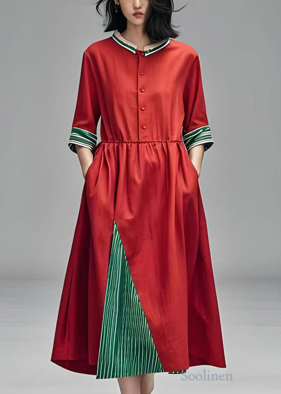 Loose Red Stand Collar Pockets Patchwork Cotton Dress Summer - Image 2