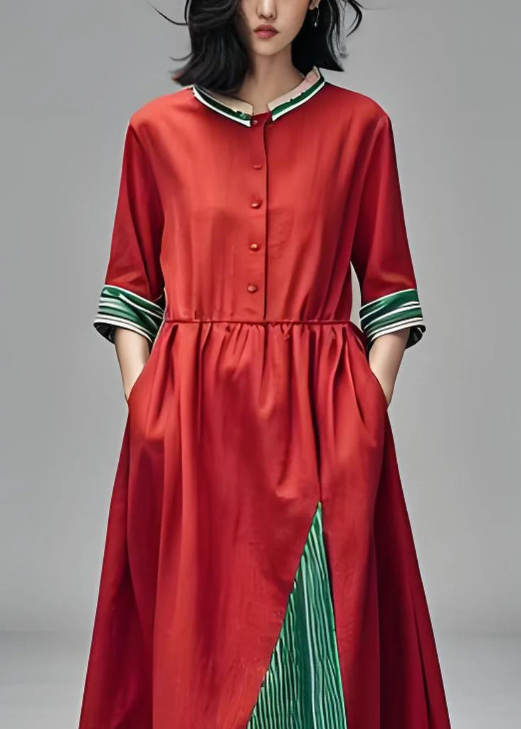 Loose Red Stand Collar Pockets Patchwork Cotton Dress Summer - Image 3