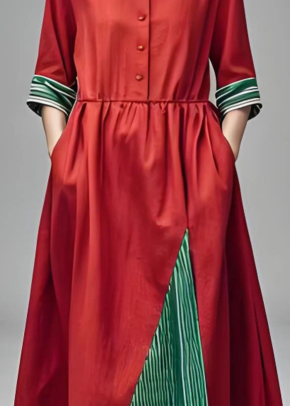 Loose Red Stand Collar Pockets Patchwork Cotton Dress Summer - Image 4