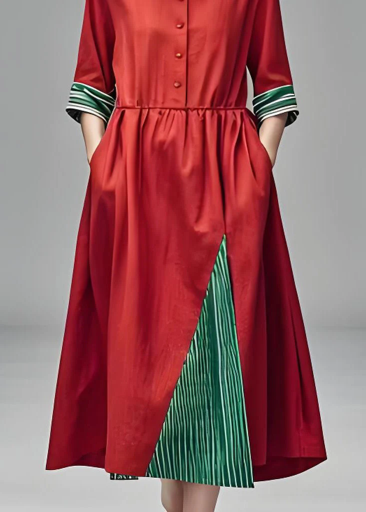 Loose Red Stand Collar Pockets Patchwork Cotton Dress Summer - Image 5