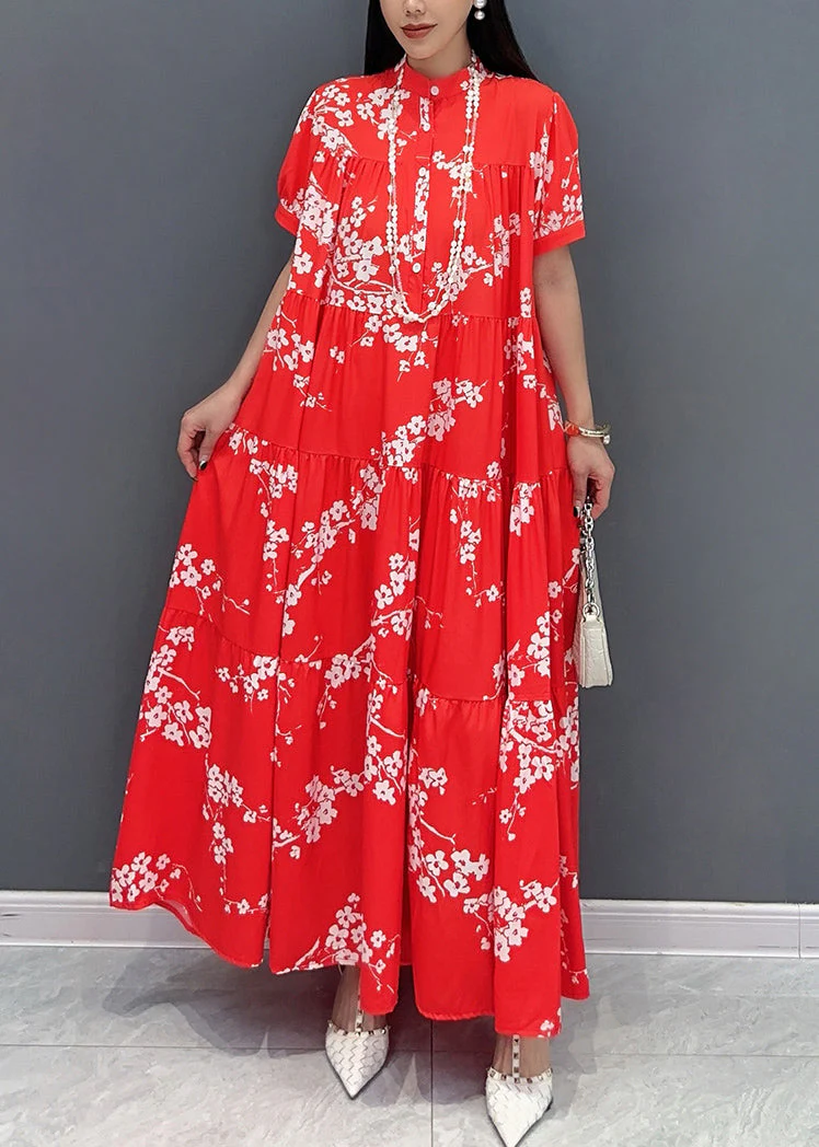 Loose Red Stand Collar Print Patchwork Long Dresses Summer - Image 2