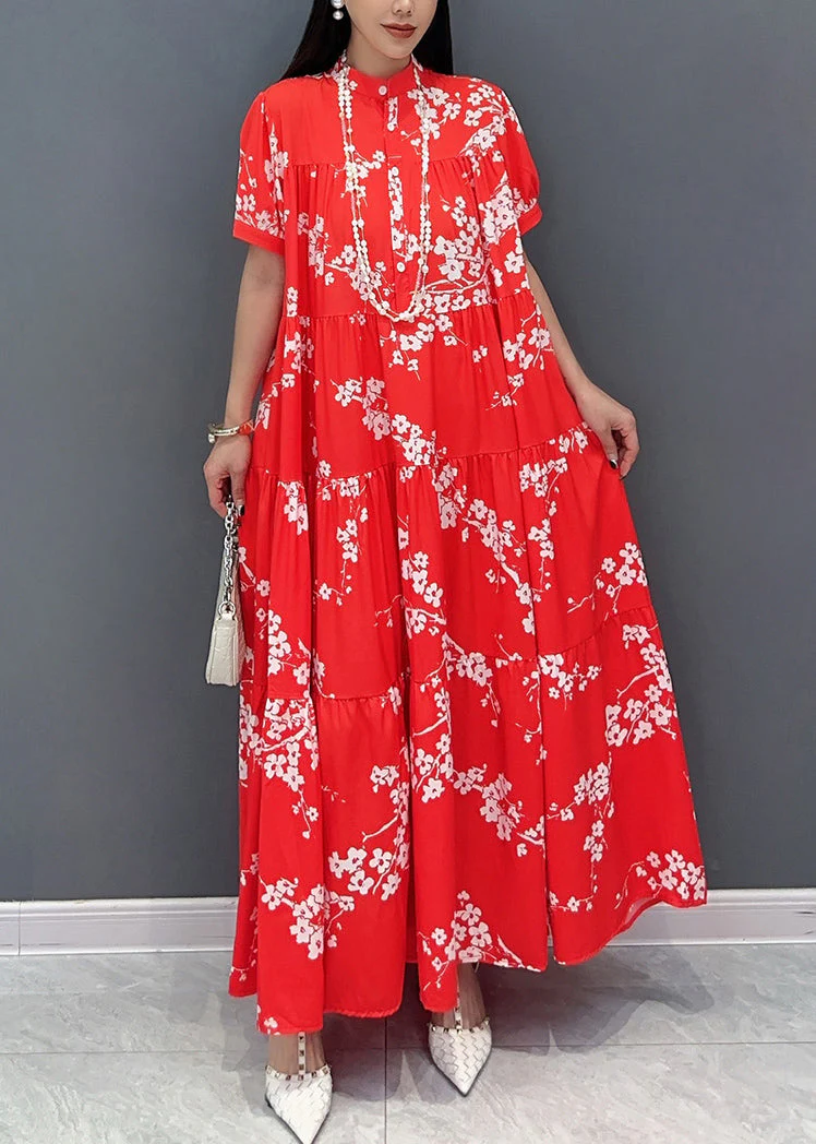 Loose Red Stand Collar Print Patchwork Long Dresses Summer - Image 3