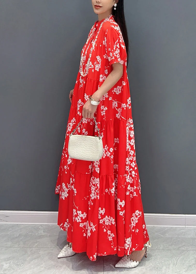 Loose Red Stand Collar Print Patchwork Long Dresses Summer - Image 4