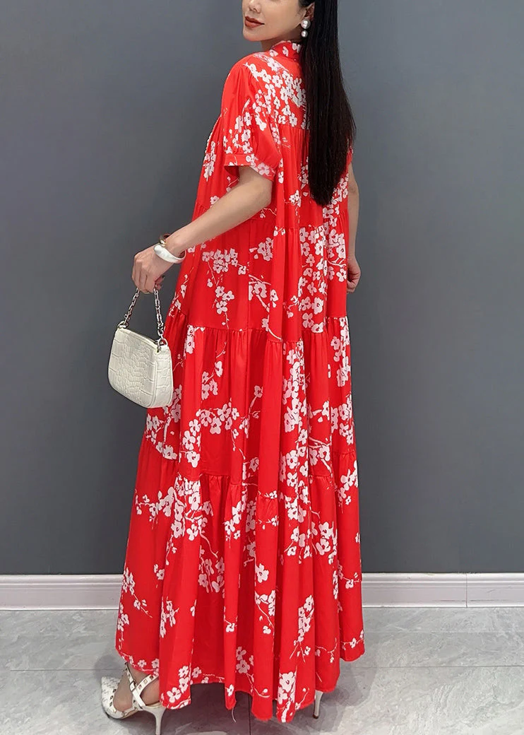 Loose Red Stand Collar Print Patchwork Long Dresses Summer - Image 5