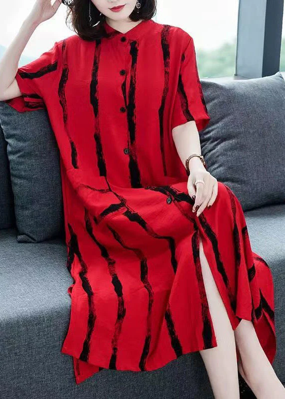 Loose Red Striped Button Patchwork Cotton Shirts Dress Summer - Image 2