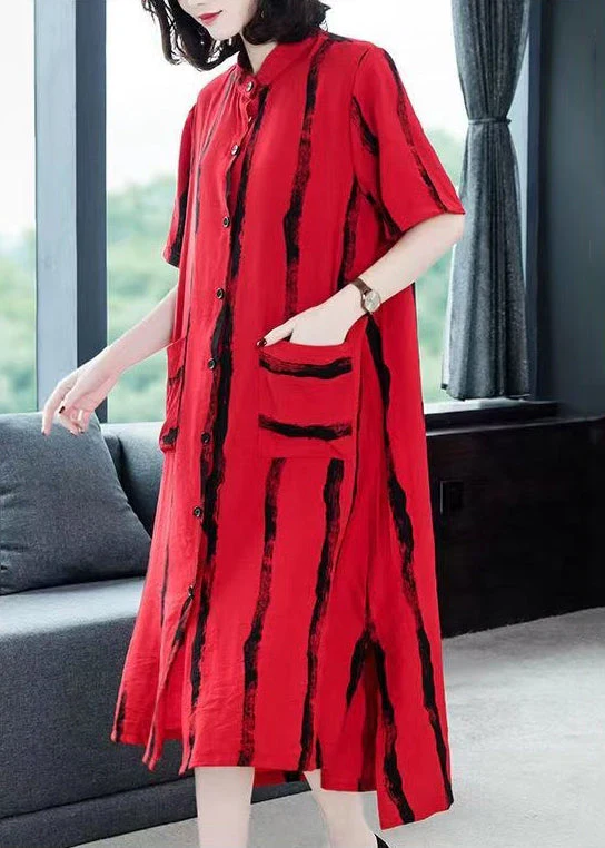 Loose Red Striped Button Patchwork Cotton Shirts Dress Summer - Image 3