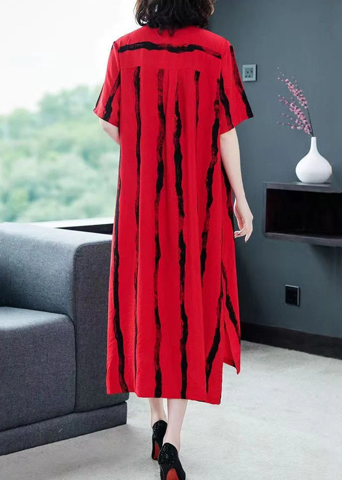Loose Red Striped Button Patchwork Cotton Shirts Dress Summer - Image 4
