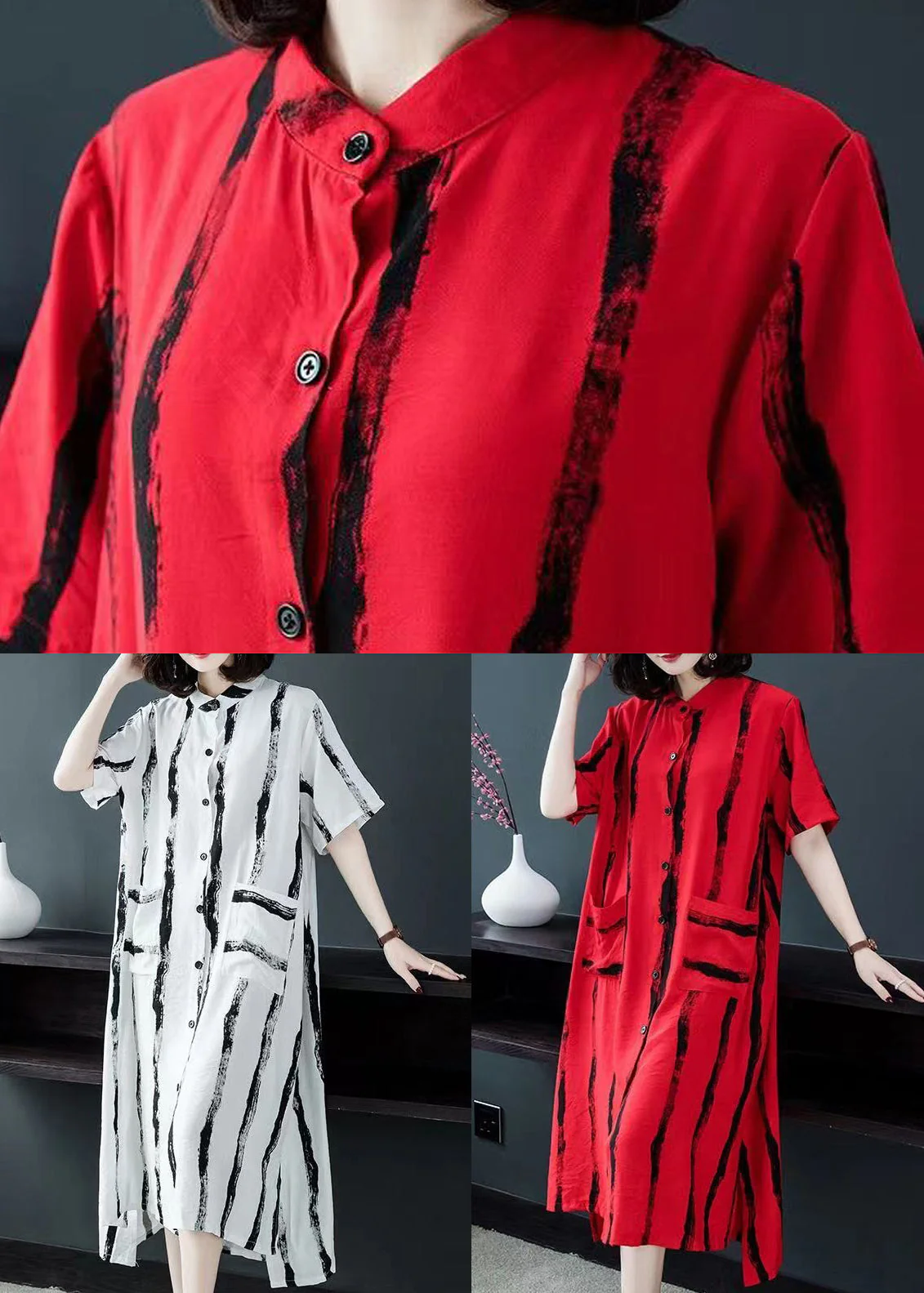 Loose Red Striped Button Patchwork Cotton Shirts Dress Summer - Image 5