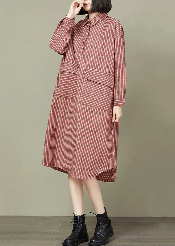Loose Red Striped Pockets Cotton Shirts Dress Long Sleeve - Image 4