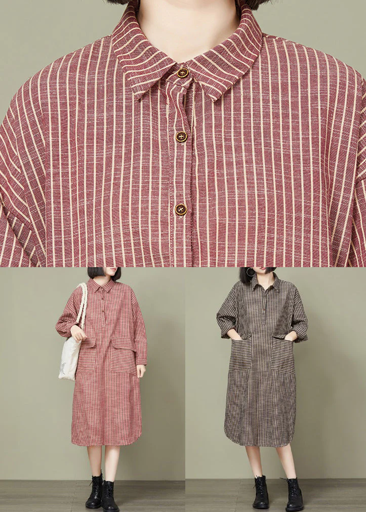 Loose Red Striped Pockets Cotton Shirts Dress Long Sleeve - Image 5