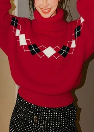 Loose Red Turtle Neck Print Knit Sweater Tops Winter - Image 5